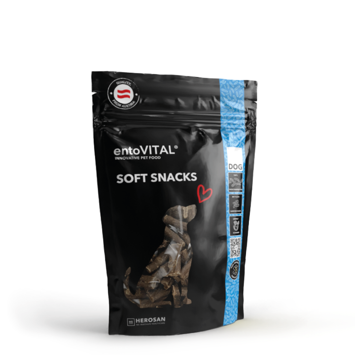Beutel entoVITAL DOG Soft Snacks mit Insektenprotein, freigestellt