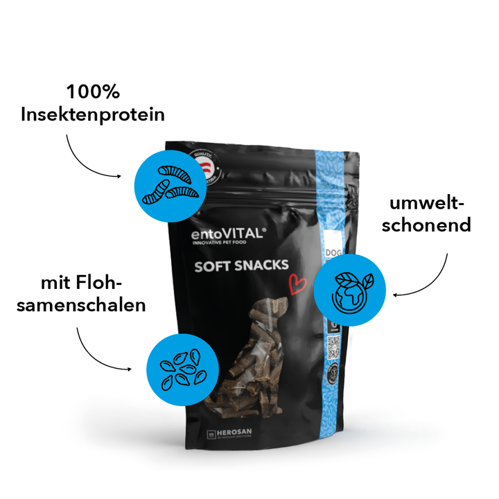 Beutel entoVITAL DOG Soft Snacks mit drei Merkmalen: 100 Prozent Insektenprotein, umweltschonend, mit Flohsamenschalen