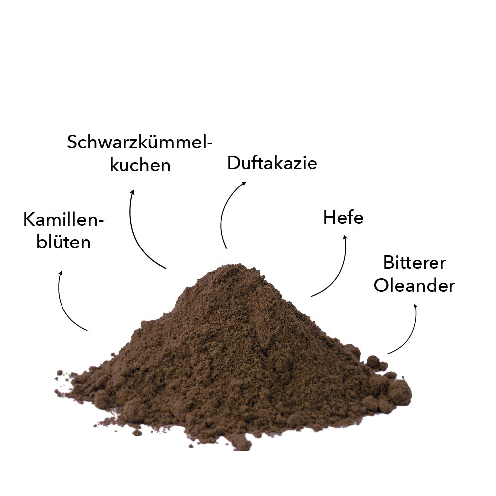 Zutaten von entoVITAL DOG stop&go als Pulver: Kamillenblüten, Schwarzkümmelkuchen, Duftakazie, Hefe und bitterer Oleander