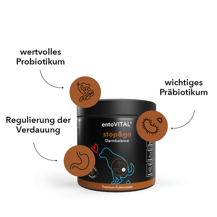 Dose entoVITAL DOG stop&amp;go mit drei Merkmalen: wertvolles Probiotikum, Regulierung der Verdauung, wichtiges Präbiotikum