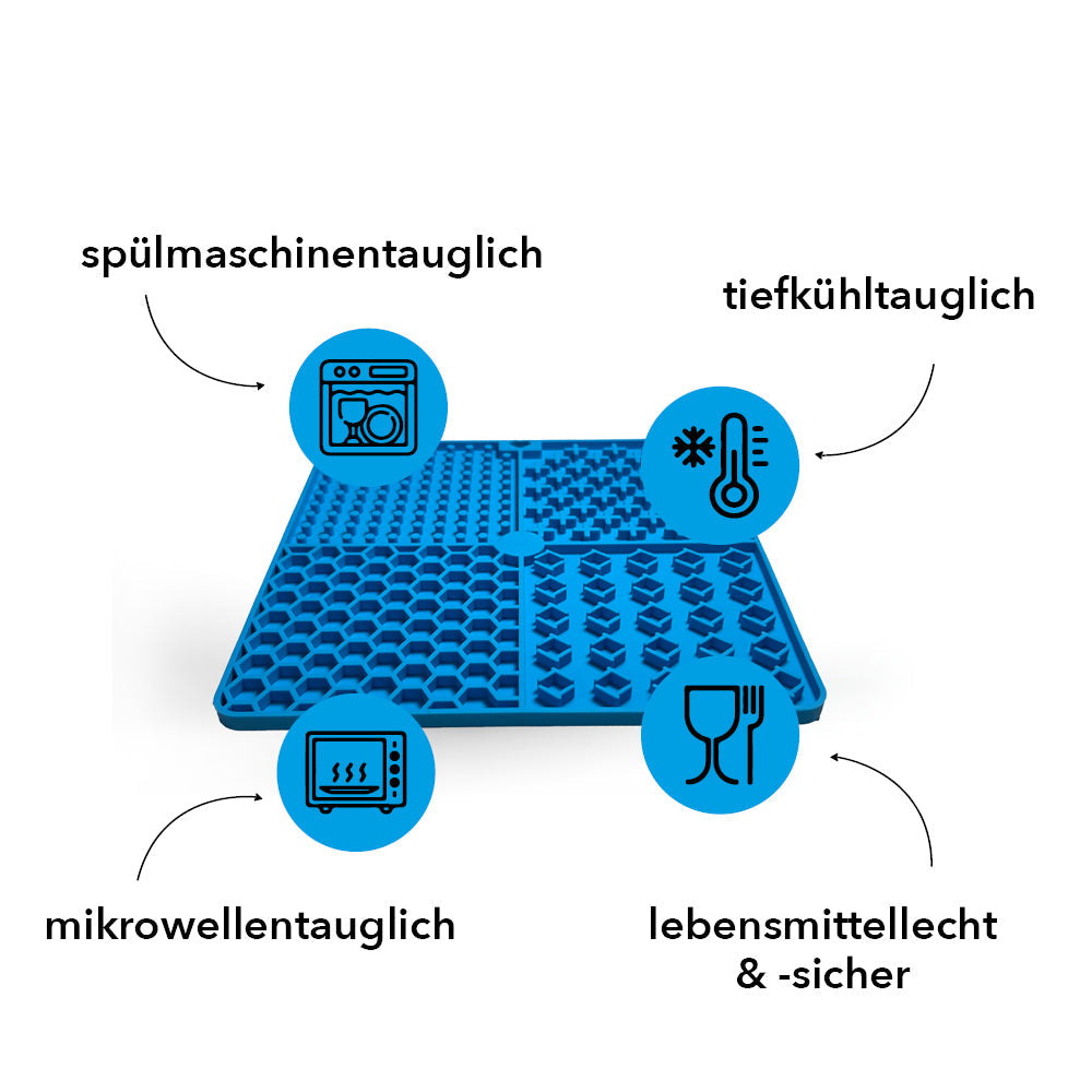 entoVITAL Schleckmatte mit vier Merkmalen: spülmaschinentauglich, tiefkühltauglich, mikrowellentauglich, lebensmittelecht und sicher
