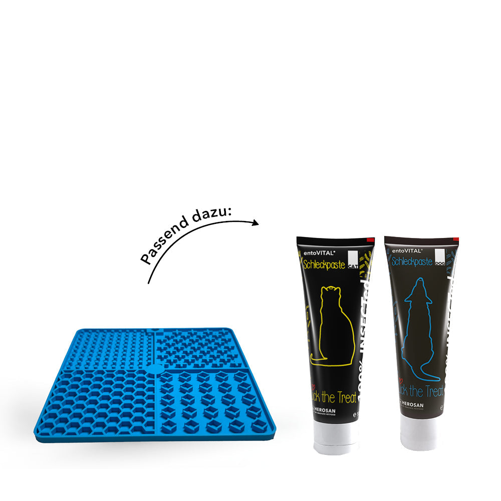 entoVITAL Schleckmatte mit zwei Tuben entoVITAL Schleckpaste für Katze und Hund, dazu der Hinweis «Passend dazu»