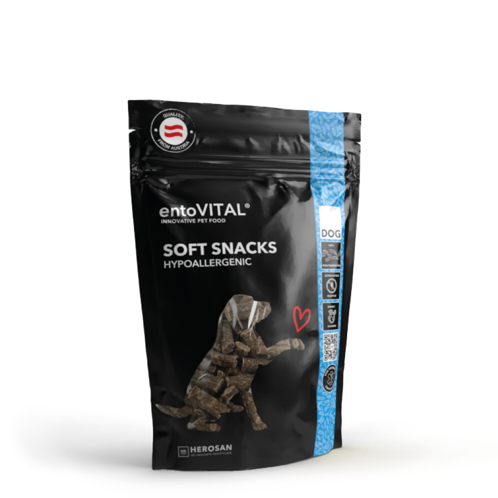 Beutel entoVITAL DOG Soft Snacks HYPOALLERGENIC mit Insektenprotein, freigestellt