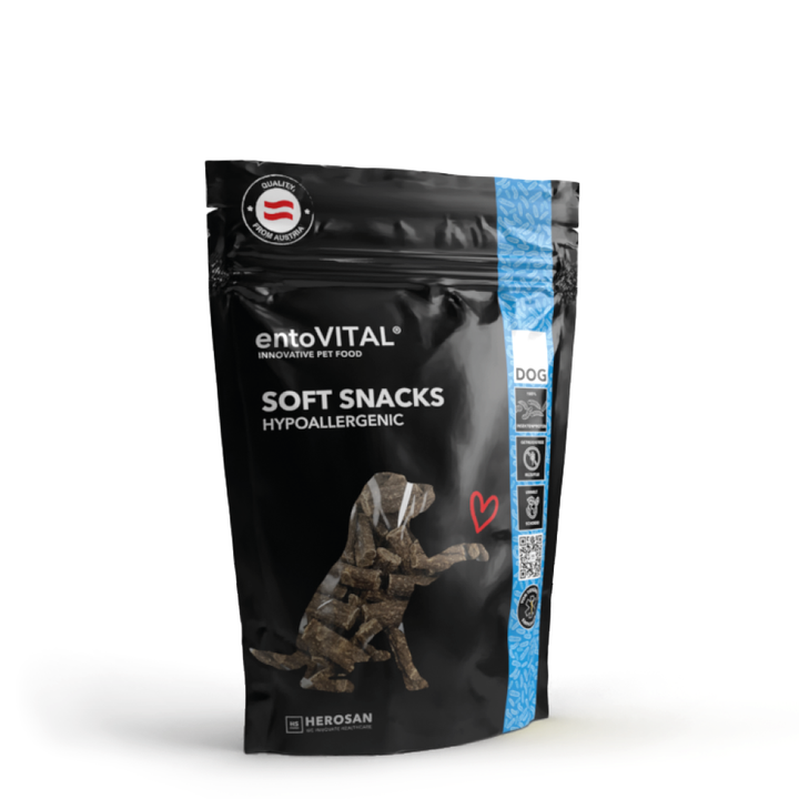 Beutel entoVITAL DOG Soft Snacks HYPOALLERGENIC mit Insektenprotein, freigestellt