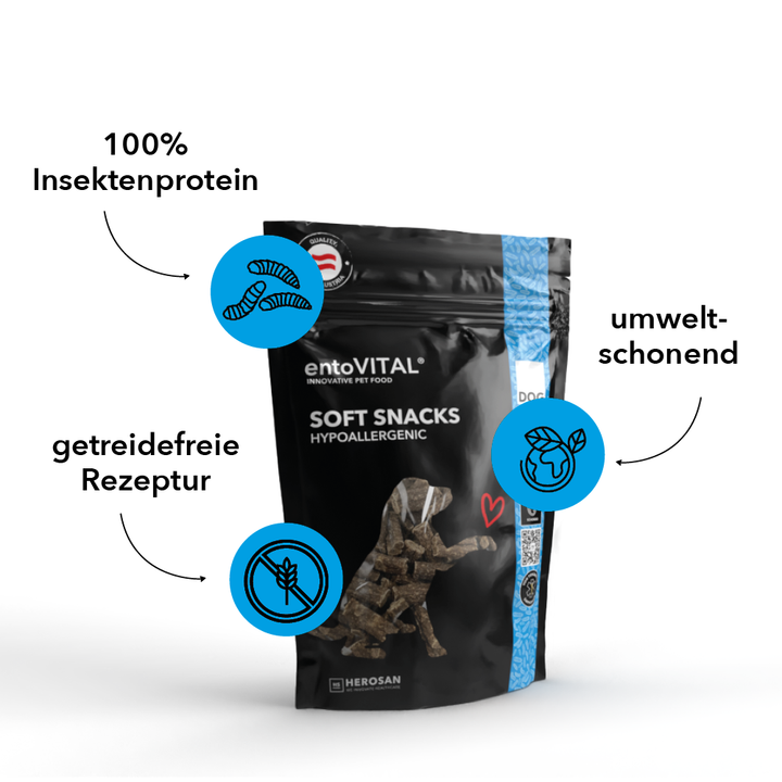 Beutel entoVITAL DOG Soft Snacks HYPOALLERGENIC mit drei Merkmalen: 100 Prozent Insektenprotein, getreidefreie Rezeptur, umweltschonend