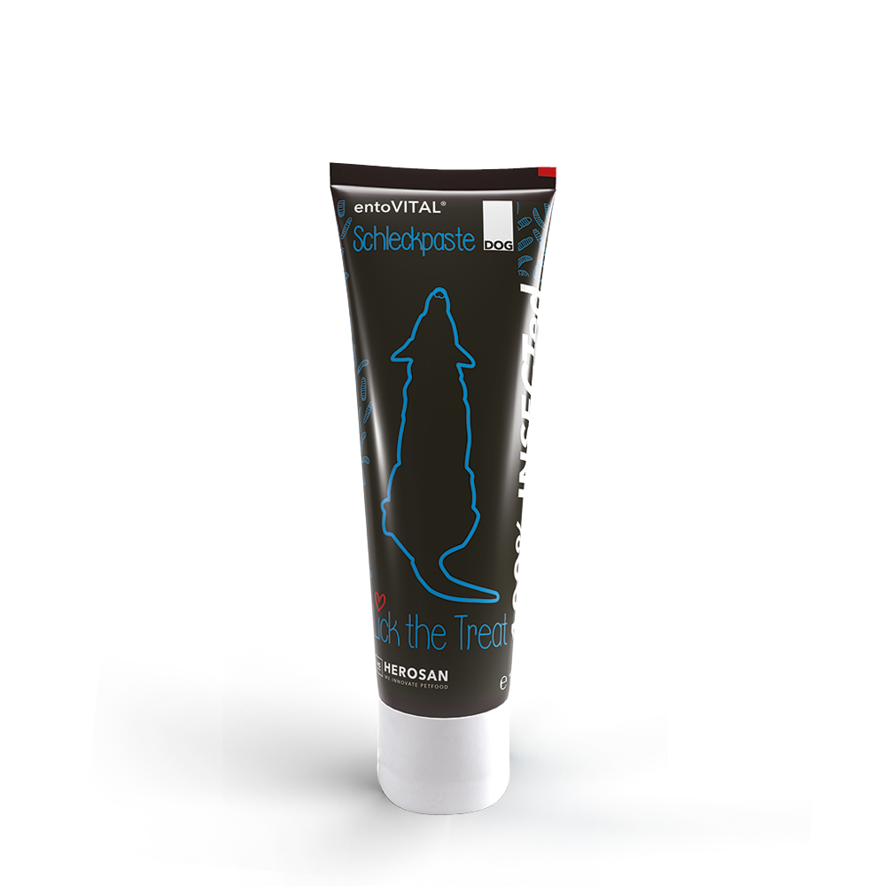 Tube entoVITAL DOG Schleckpaste mit Insektenprotein für Hunde, 100 Gramm, freigestellt