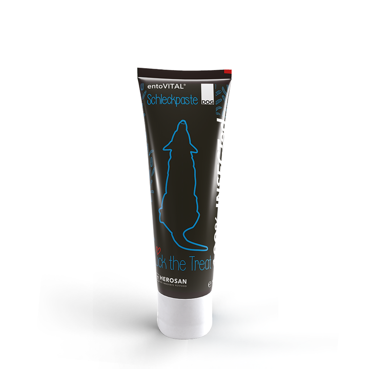 Tube entoVITAL DOG Schleckpaste mit Insektenprotein für Hunde, 100 Gramm, freigestellt