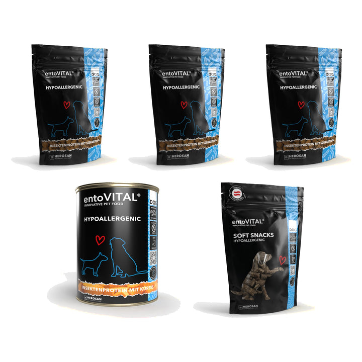 Inhalt der Testbox Hund Hypoallergen: drei Probierbeutel entoVITAL DOG HYPOALLERGENIC, eine Dose Nassfutter und ein Beutel Soft Snacks Hypoallergenic
