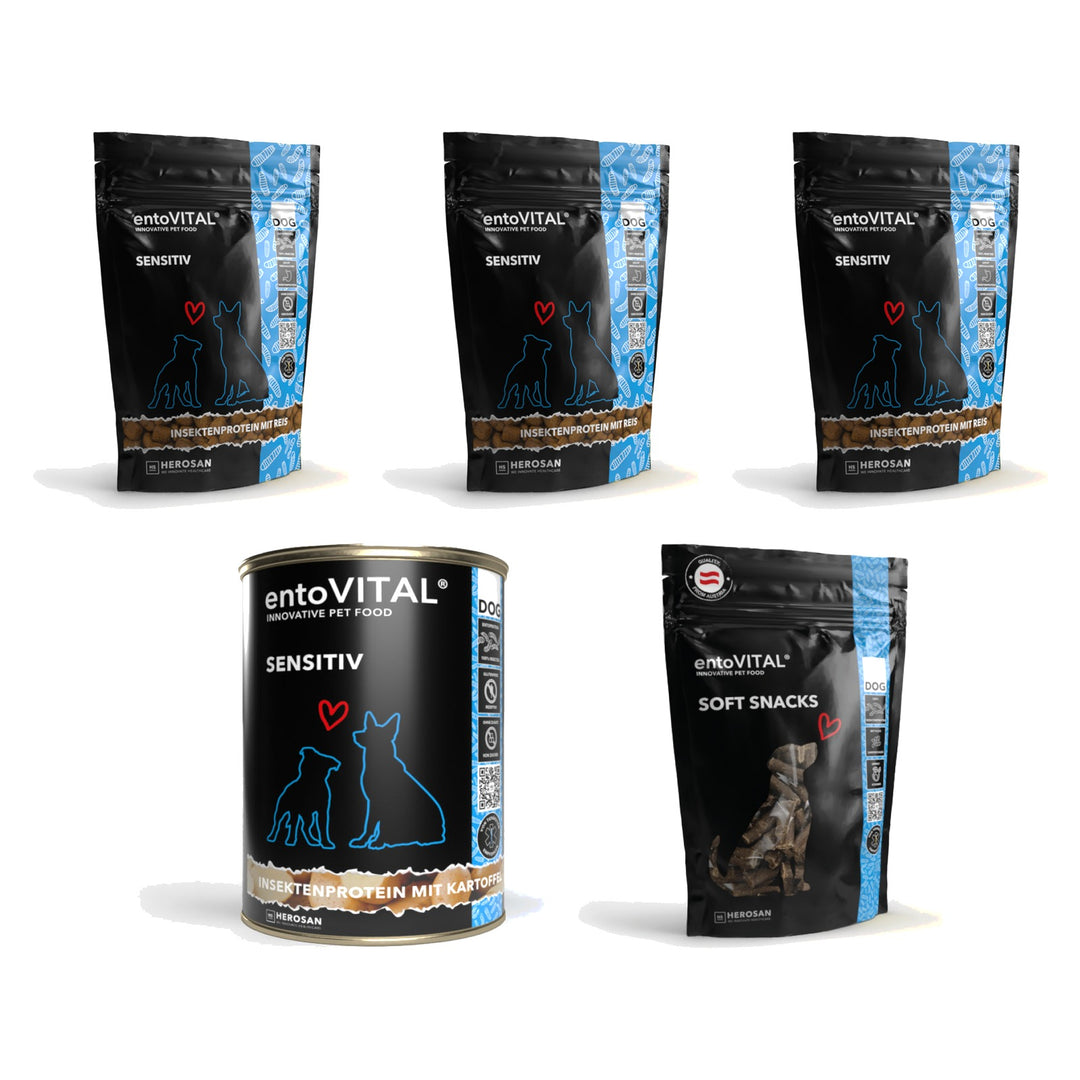 Inhalt der Testbox Hund Sensitiv: drei Probierbeutel entoVITAL DOG SENSITIV, eine Dose Nassfutter und ein Beutel Soft Snacks
