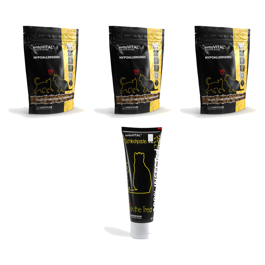 Inhalt der Testbox Katze Hypoallergen: drei Probierbeutel entoVITAL CAT HYPOALLERGENIC und eine Tube Schleckpaste
