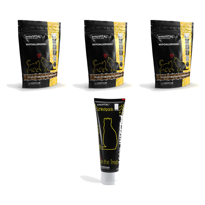 Inhalt der Testbox Katze Hypoallergen: drei Probierbeutel entoVITAL CAT HYPOALLERGENIC und eine Tube Schleckpaste